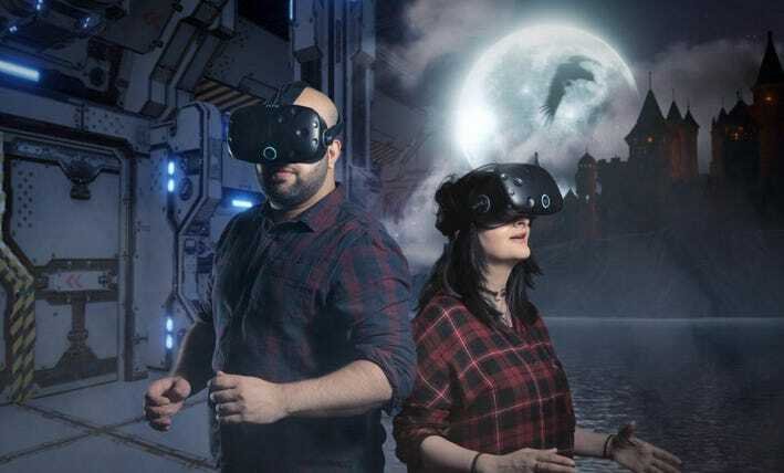 Man Woman wearing VR headsets